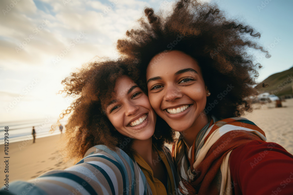 Happiness Unleashed: A Cheerful Group of Young Women Smiling and Laughing Together, Capturing the Fun of Summer Vacation in a Beach Party Selfie Happiness Unleashed: A Cheerful Group of Young Women Smiling and Laughing Together, Capturing the Fun of Summer Vacation in a Beach Party Selfie