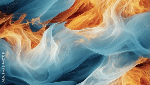 An abstract representation of blue and orange flames intertwines in a dance-like motion, suggesting both warmth and coolness in a dynamic composition.