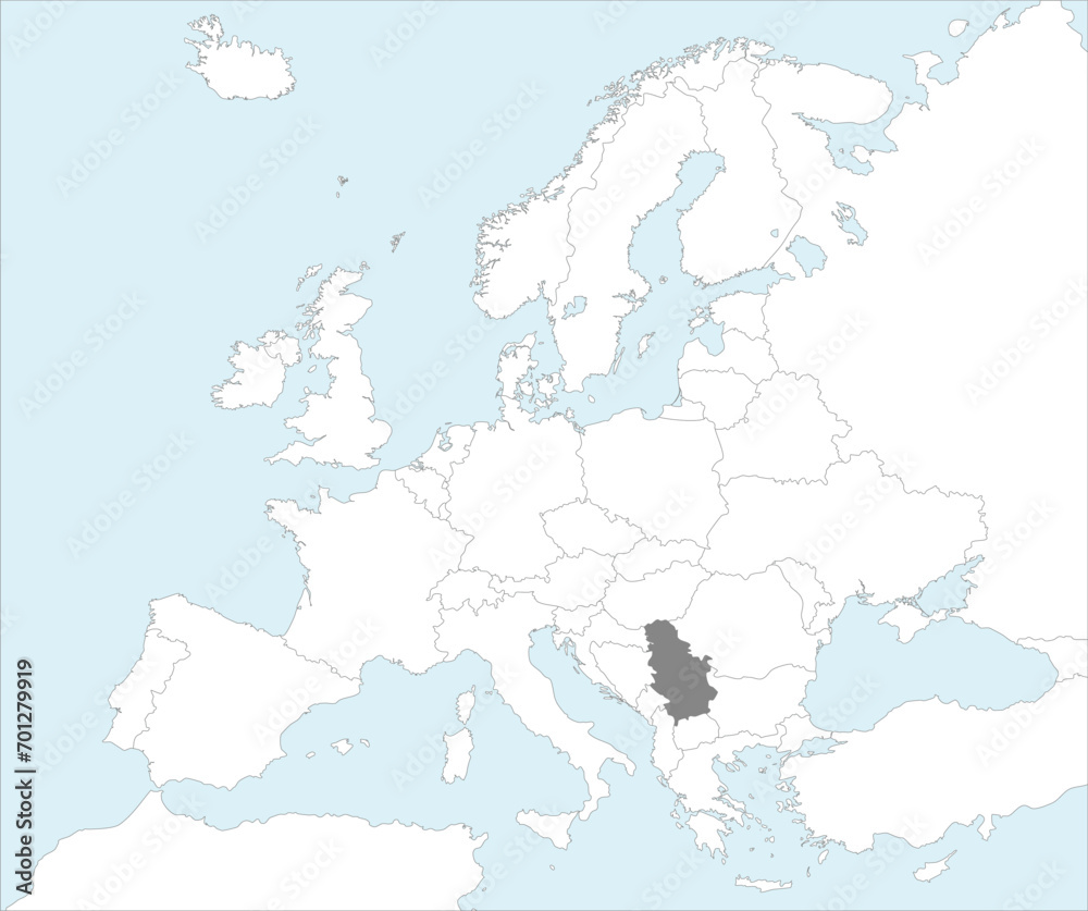 Naklejka premium Gray CMYK national map of SERBIA inside detailed white blank political map of European continent on blue background using Mollweide projection