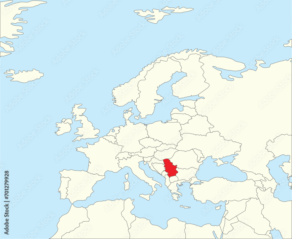 Fototapeta premium Red CMYK national map of SERBIA inside simplified beige blank political map of European continent on blue background using Winkel Tripel projection