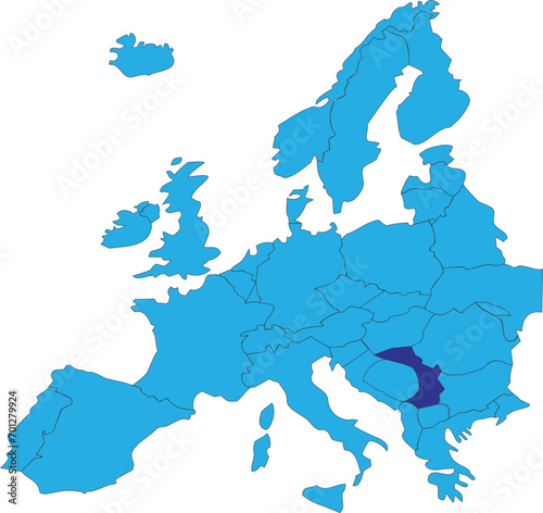 Dark blue CMYK national map of SERBIA inside simplified blue blank political map of European continent on transparent background using Peters projection