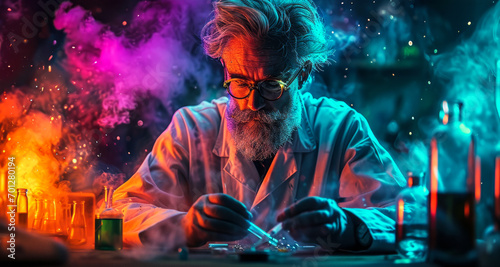 Eccentric scientist with colorful explosive reactions in a vibrant, psychedelic laboratory setting photo