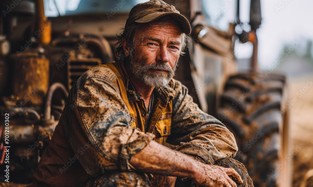 Confident Farmer Leaning on a Tractor in a Field, Portrait of Agricultural Worker with Machinery in Rural Setting