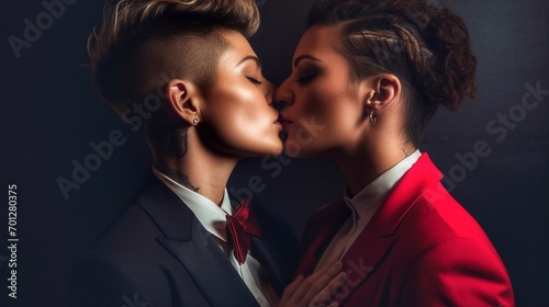 Close-up portrait of lesbian lgbt beautiful couple kissing on dark background