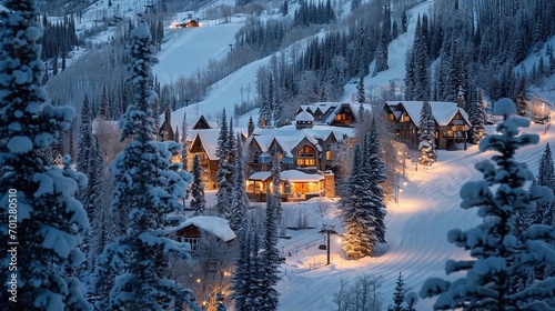 Winter in the Swiss Alps, Switzerland. Wooden houses, hotels on mountain slopes among snowy fir trees in the evening photo