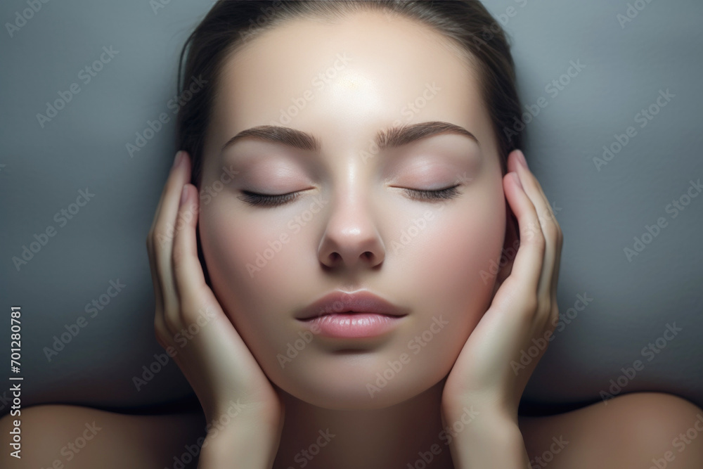 Close up on her face with Smooth skin ,Woman with beauty face touching healthy facial skin portrait Close up on her face with Smooth skin ,Woman with beauty face touching healthy facial skin portrait
