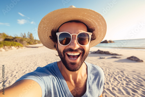 Laughing young man with sunglasses and summer straw hat taking selfie at beach