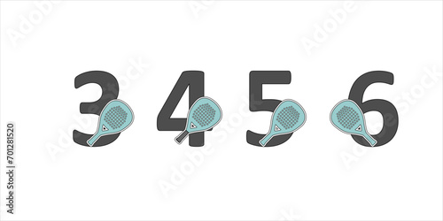 Numbers padel in a set 3 4 5 6 with the racket on the side