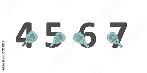 Numbers padel in a set 4 5 6 7 with the racket on the side
