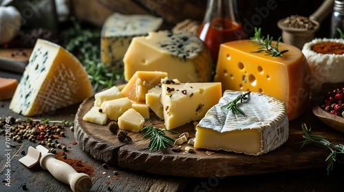 A set of different types of hard cheese and spices for many delicious dishes 