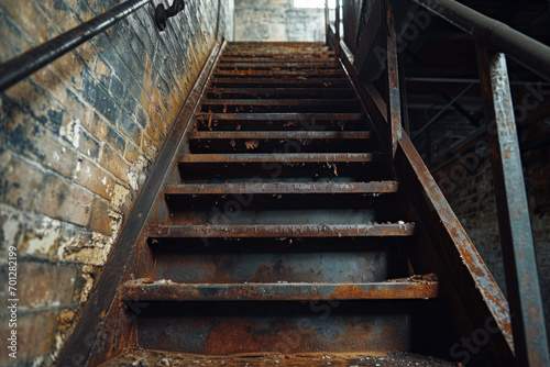 A rusty, old staircase leading upwards, surrounded by aged brick walls, metal