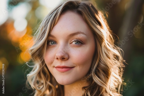 Radiant Young Woman with Curly Blonde Hair and Clear Blue Eyes. Generative AI.