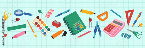 Set of school supplies. Pens, rulers, calculator, paints, pencils, markers, notebook, clips. Hand drawn vector illustration isolated on blue background, modern flat cartoon style.