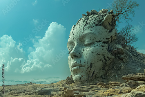 Surreal digital artwork of a giant stone face integrated with a coastal landscape, evoking themes of nature, tranquility, and fantasy © AI Petr Images