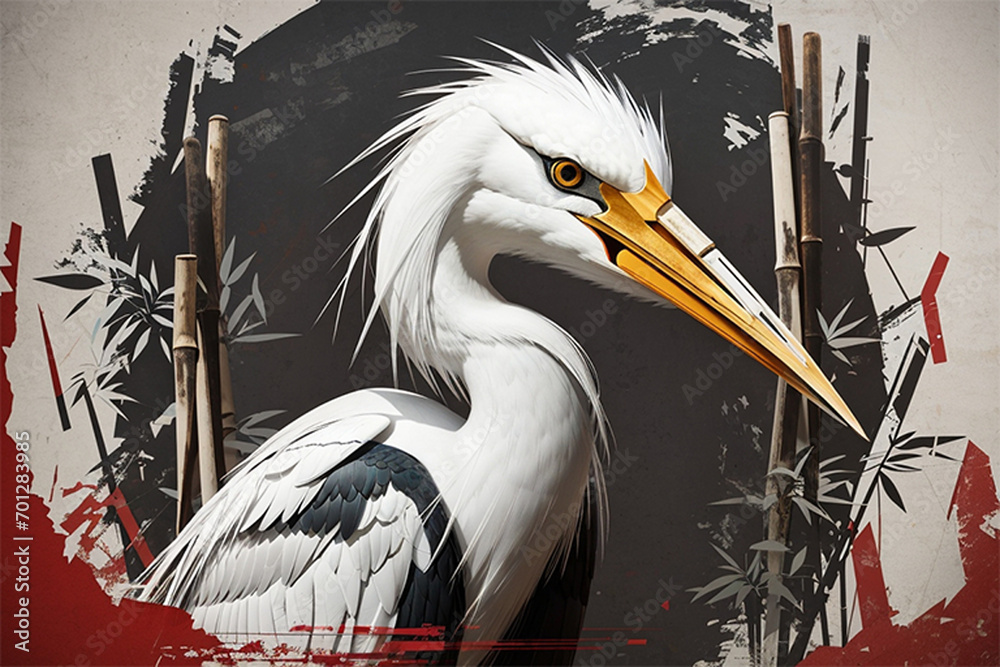 Fototapeta premium Heron bird with bamboo
