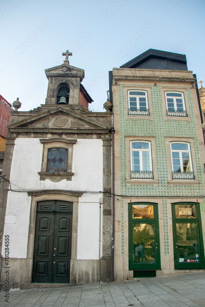 Typical facade of palaces in Ribeira district of Porto