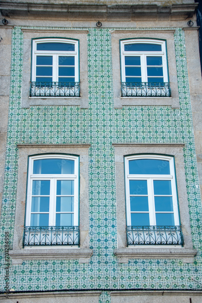Typical facade of palaces in Ribeira district of Porto