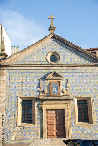 Small church covered with blue tiles on Porto River bank