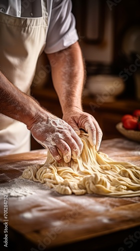 A man chef making homemade noodles on a wooden table sprinkled with flour. Close up cropped vertical photo.