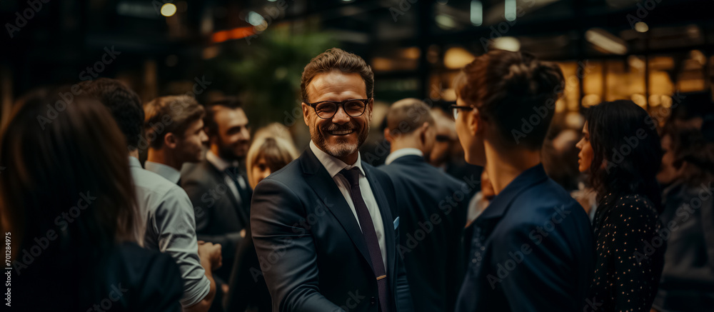A smiling businessman in glasses and a suit at a networking event, surrounded by other professionals engaging in conversation - obrazy, fototapety, plakaty 