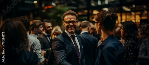 Foto A smiling businessman in glasses and a suit at a networking event, surrounded by