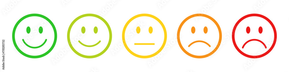 Rating emojis set in different colors outline. Feedback emoticons collection. Very happy, happy, neutral, sad and very sad emojis. Flat icon set of rating and feedback emojis icons color outline. - obrazy, fototapety, plakaty 