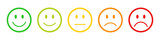 Rating emojis set in different colors outline. Feedback emoticons collection. Very happy, happy, neutral, sad and very sad emojis. Flat icon set of rating and feedback emojis icons color outline.
