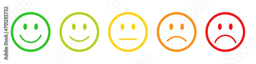 Rating emojis set in different colors outline. Feedback emoticons collection. Very happy, happy, neutral, sad and very sad emojis. Flat icon set of rating and feedback emojis icons color outline. photo