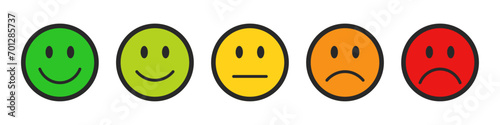 Rating emojis set in different colors with black outline. Feedback emoticons collection. Very happy, happy, neutral, sad and very sad emojis. Flat icon set of rating and feedback emojis icons.