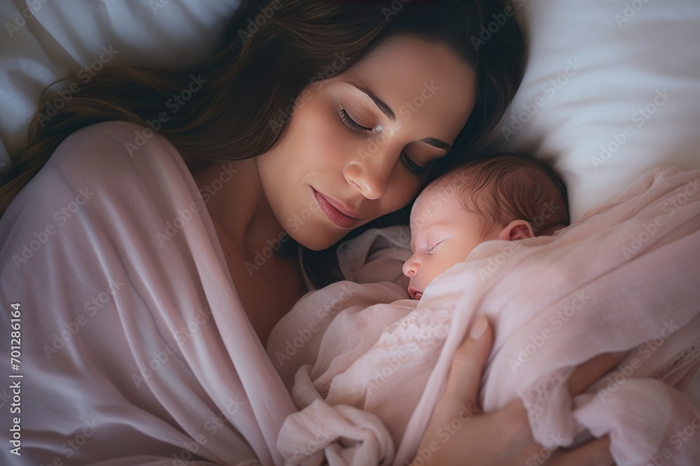 A young mom holds her newborn baby in her arms and sleep. Happy motherhood. A mother's love. Birth of a child. breastfeeding A young mom holds her newborn baby in her arms and sleep. Happy motherhood. A mother's love. Birth of a child. breastfeeding