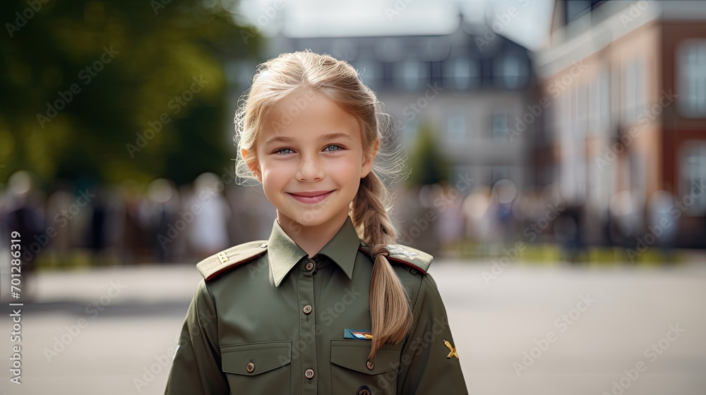 Smiling girl wearing army uniform with blurry background