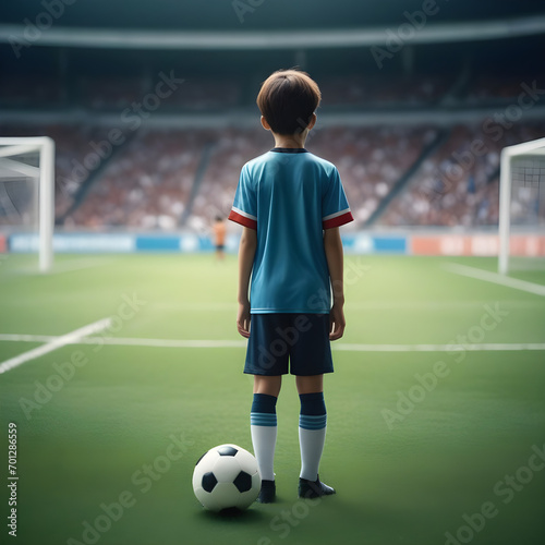 Kid standing in soccer stadium future dream to be a professional footballer. © Antonio Giordano