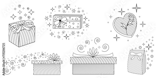 Large set of gift box doodle sketch. Wedding, birthday, black Friday concept. Wrapped box for Boxing, New year, Christmas idea. Design of Valentine or anniversary day online store, shopping. Vector.