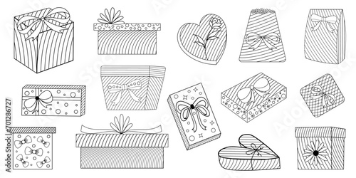 Large set of gift box doodle sketch. Wedding, birthday, black Friday concept. Wrapped box for Boxing, New year, Christmas idea. Design of Valentine or anniversary day online store, shopping. Vector.