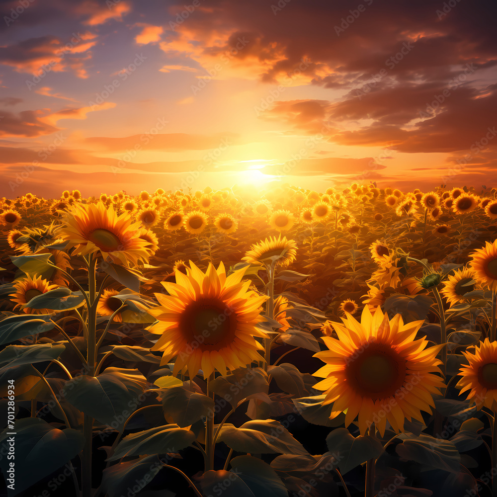 A sunflower field bathed in golden sunlight.
