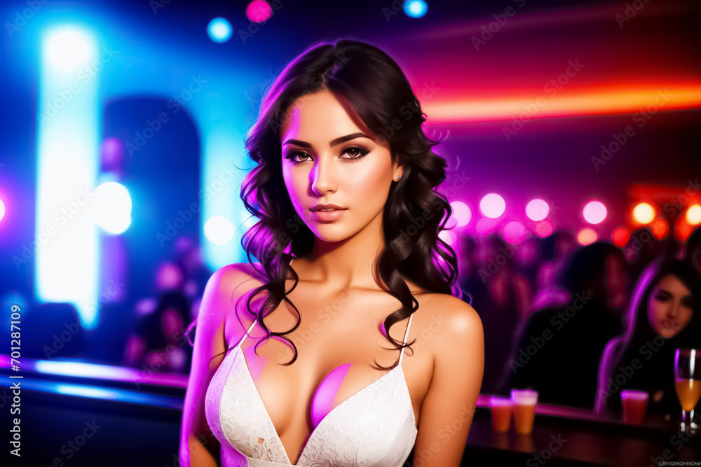 Beautiful young woman in lingerie posing in a nightclub. Beauty, fashion.