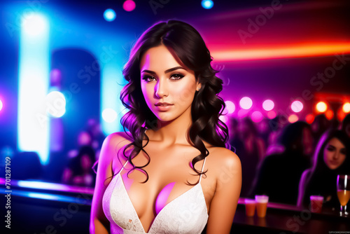 Beautiful young woman in lingerie posing in a nightclub. Beauty, fashion.