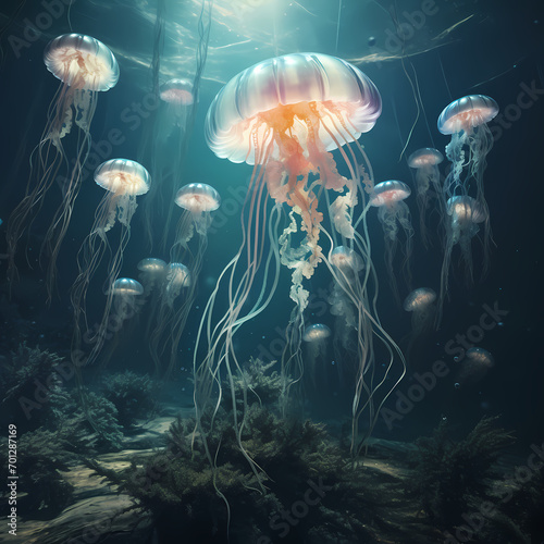 A surreal underwater scene with floating jellyfish. © Cao