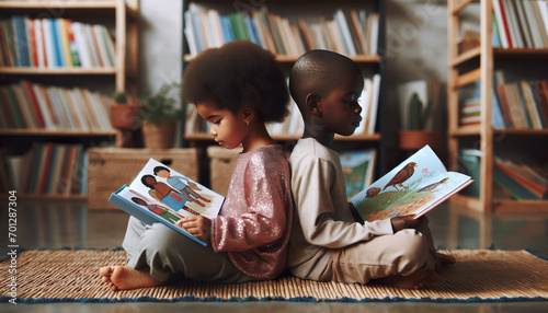 A young African boy and a girl sitting back to back reading books in the library. Reading exercises the Brain provides free entertainment and Improves Concentration.