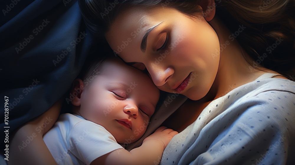 A young mom holds her newborn baby in her arms and sleep. Happy motherhood. A mother's love. Birth of a child. breastfeeding A young mom holds her newborn baby in her arms and sleep. Happy motherhood. A mother's love. Birth of a child. breastfeeding