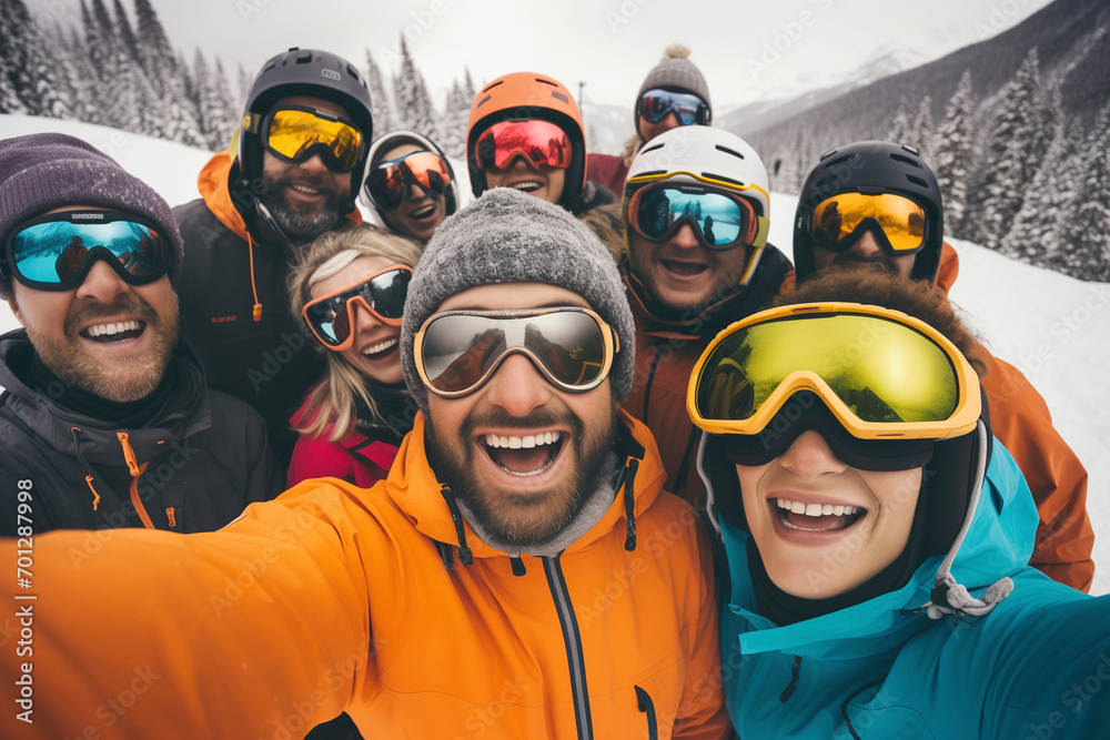 People in ski attire smile for selfie in snowy mountains. Skiers and snowboarders take photo capturing beauty of snow-covered mountain expanse People in ski attire smile for selfie in snowy mountains. Skiers and snowboarders take photo capturing beauty of snow-covered mountain expanse