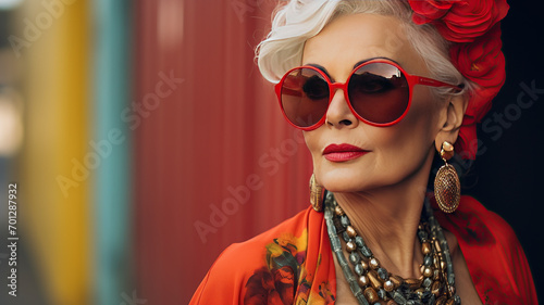 close up horizontal portrait of an old stylish woman AI generated © AlfredoGiordano