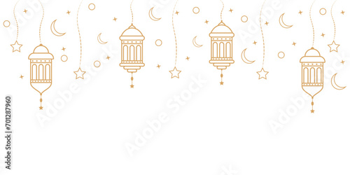 ramadan kareem lanterns garland. muslim ornamental hanging golden lanterns, stars and moon vector illustration. islamic oriental style garland in transparent background