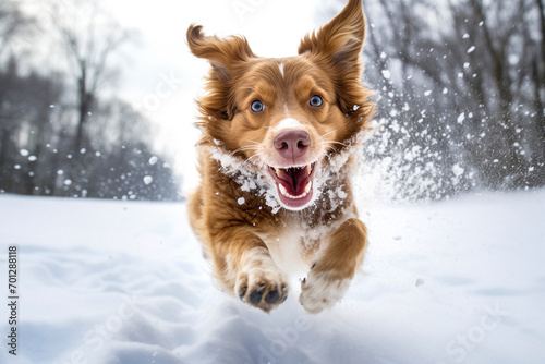 Happy dog runs fooling around in snow in forest area. Active pet photo