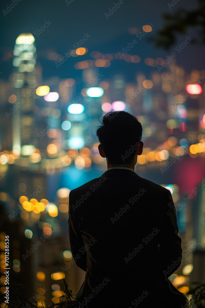 Night Vision: Successful Businessman Contemplating City Skyline Night Vision: Successful Businessman Contemplating City Skyline