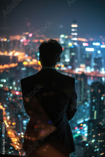 Ambitious Entrepreneur Gazing Over Nighttime Cityscape