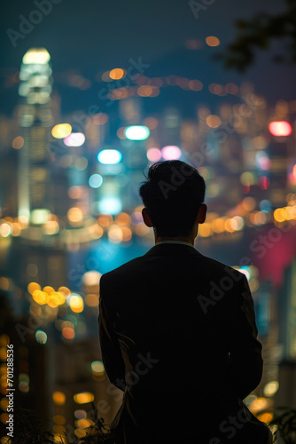 Night Vision: Successful Businessman Contemplating City Skyline