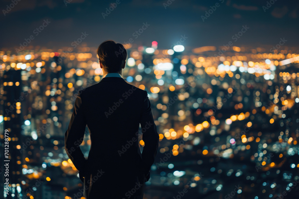 Aspiring CEO Contemplates Success under Night Sky