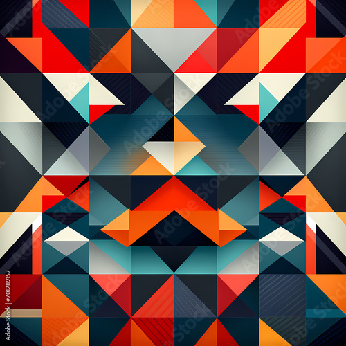 Abstract geometric patterns in bold, contrasting colors.