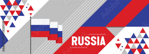Russia national or independence day banner design for country celebration. Flag of Russian people with modern retro design and abstract geometric icons. Vector illustration photo